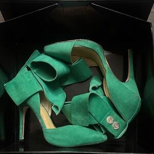 Green Suede Bow-Accent Stiletto Heels